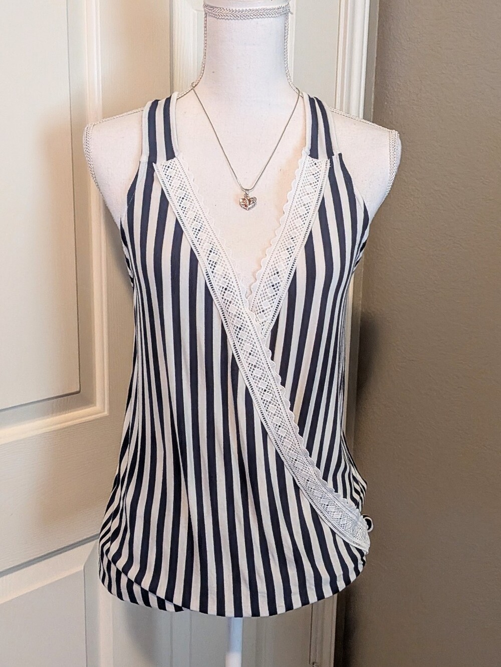 VENUS Navy & White Striped Lace-Trim Surplice Camisole